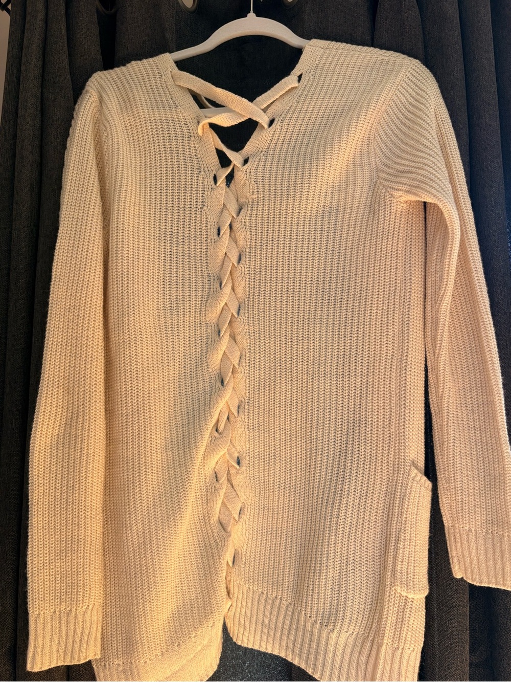 Cream Lace-Up Knit Sweater for Women
